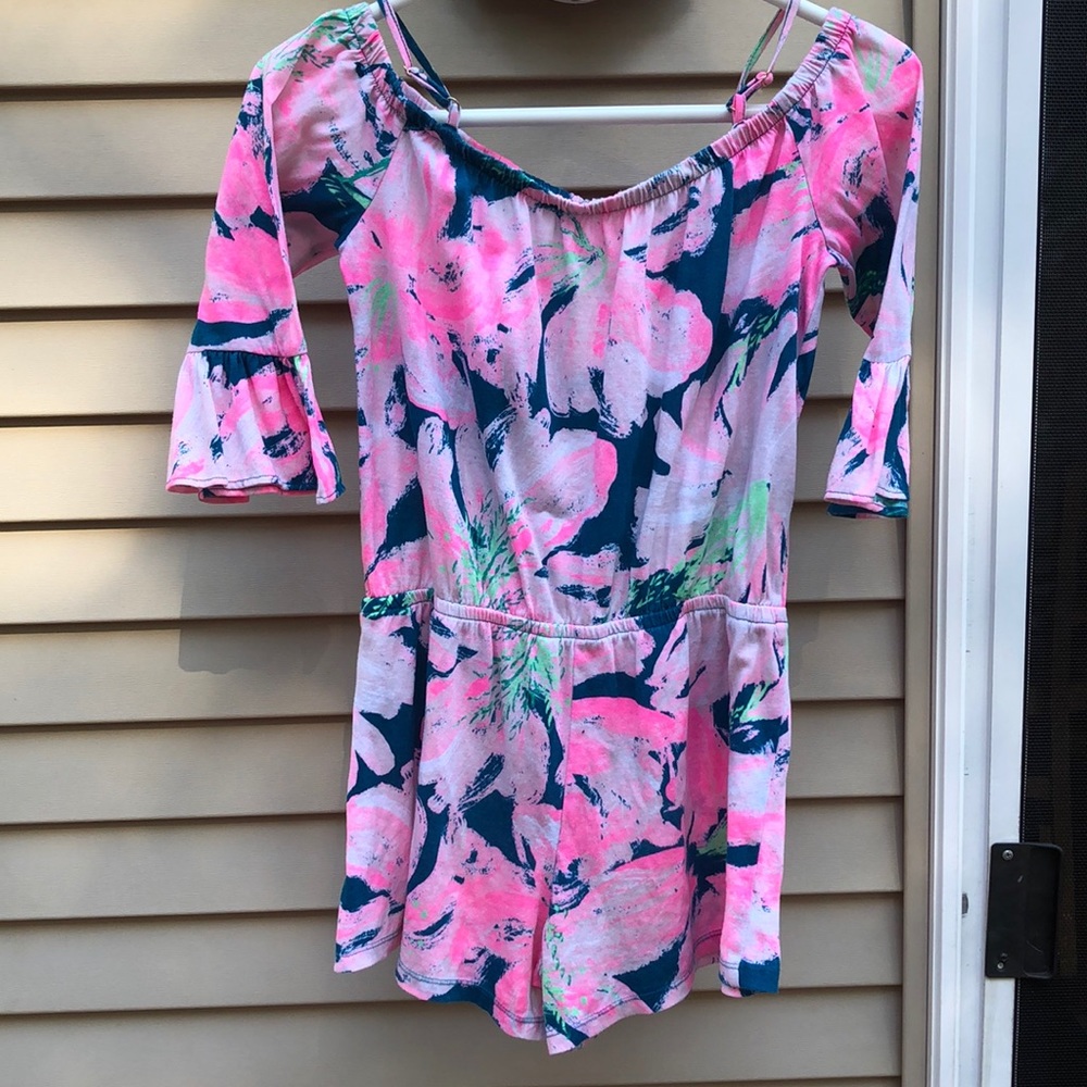 Girls Lilly Pulitzer romper off the shoulder size xl green and pink